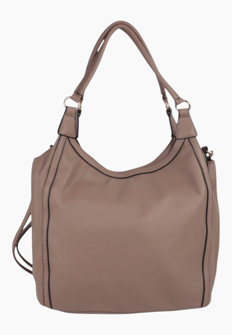 Front view of the brązowa torebka shopper z zamkiem i paskiem na ramię.