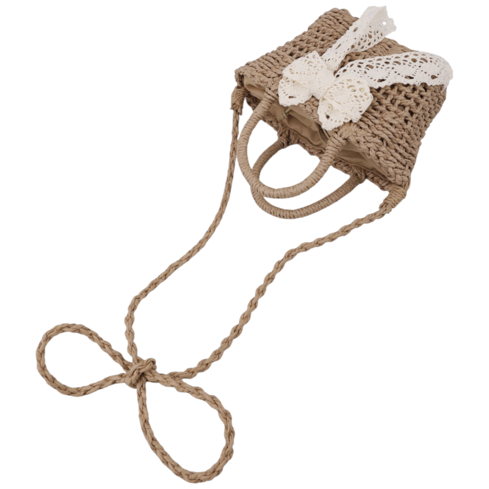Back view of a brown woven handbag showcasing its minimalist style and short handles.