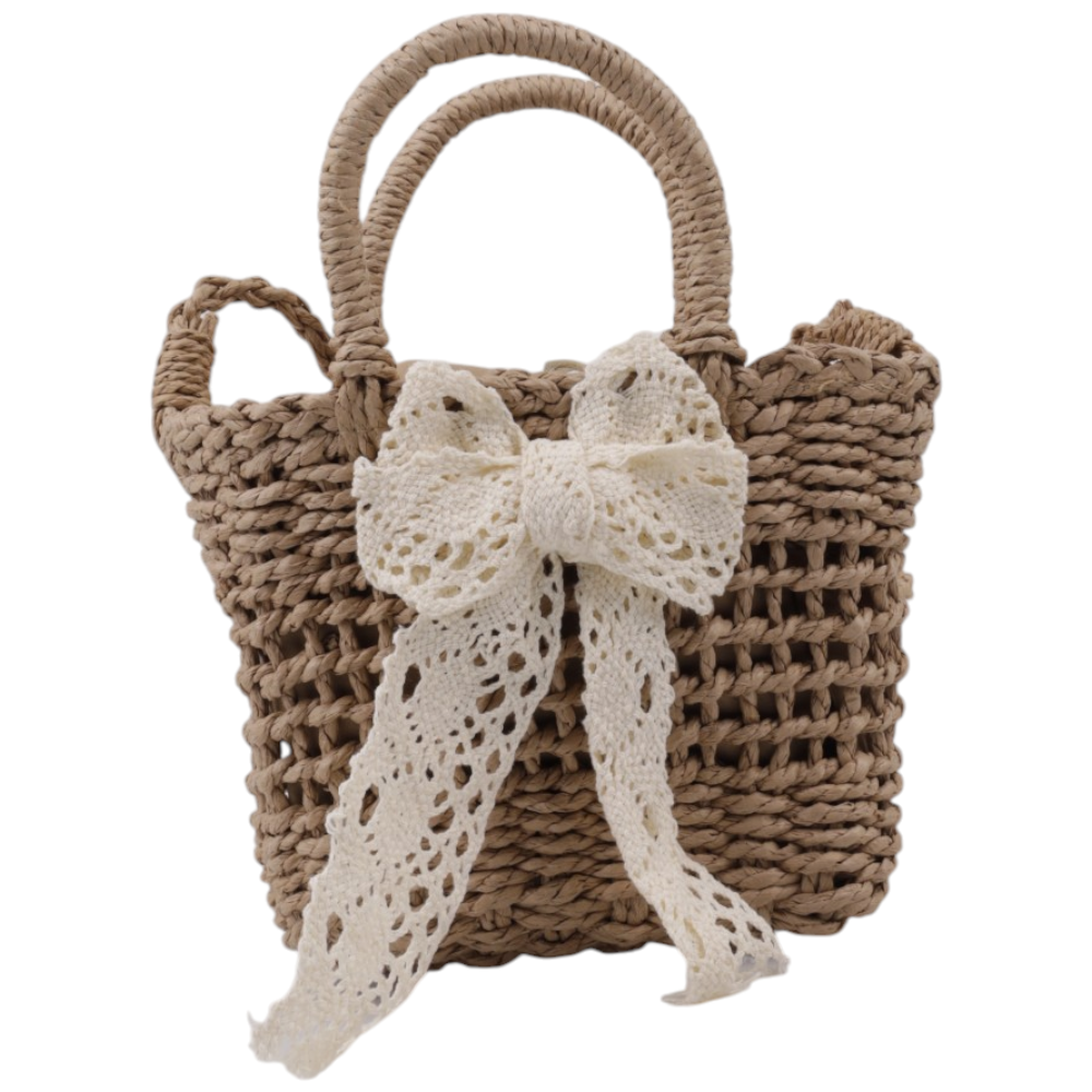 Front view of a brown and white woven handbag featuring two handles and a bow detail.