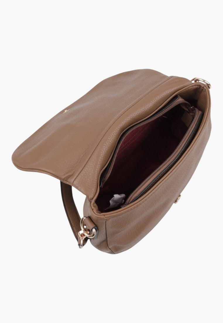 Detail view of the brown handbag interior featuring a zipper closure and interior pocket on a white background.