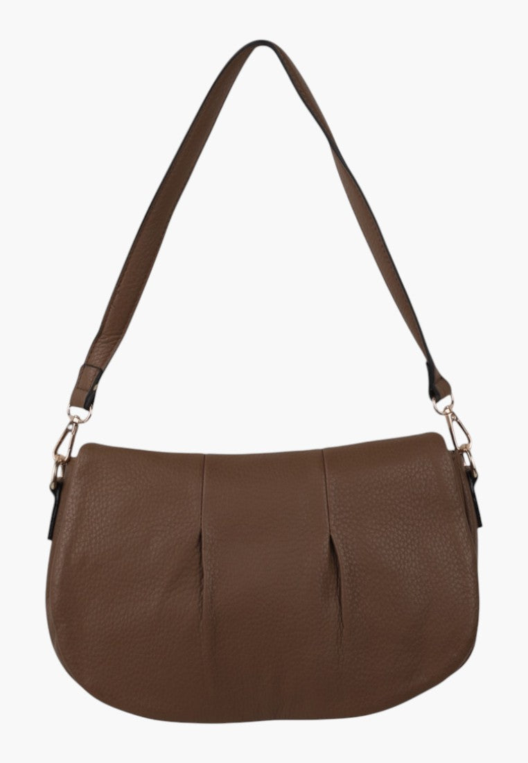 Front view of the brown handbag with shoulder strap and zipper closure on a white background.