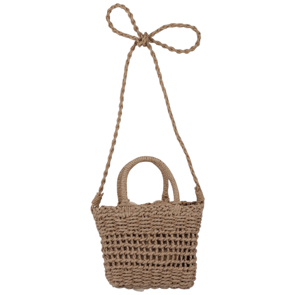 Side view of a brown woven handbag featuring a simple design and adjustable strap.