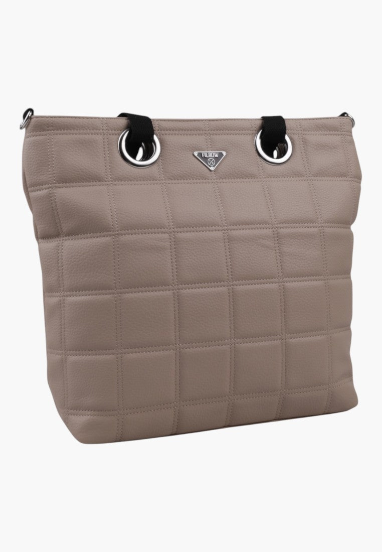 Khaki torebka damska z przodu, widok na pikowany design i srebrne akcenty.
