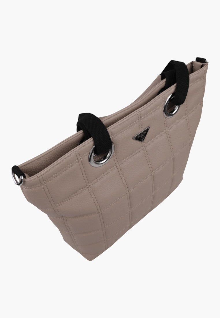 Khaki torebka damska z innym ujęciem, widok na pikowany design i srebrne akcenty.