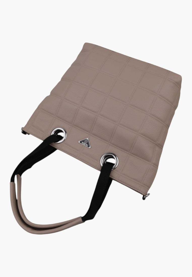 Khaki torebka damska z boku, widok na pikowany design i podwójne uchwyty.