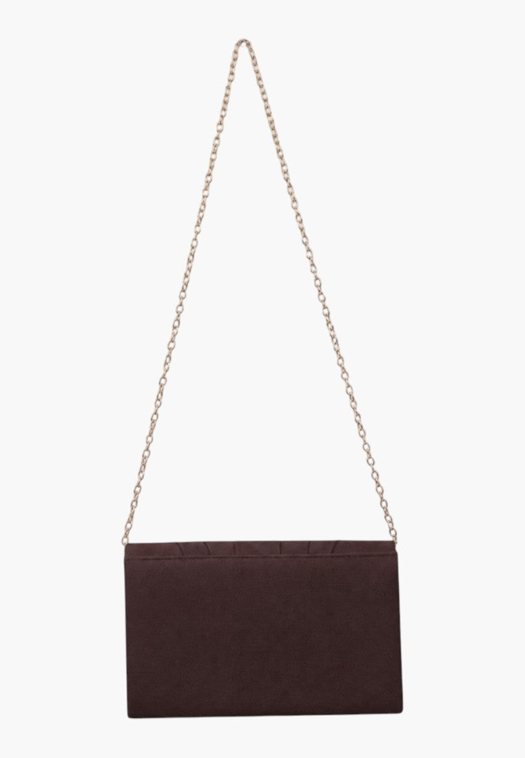 Back view of a brown clutch bag with a plain back and chain strap on a white background