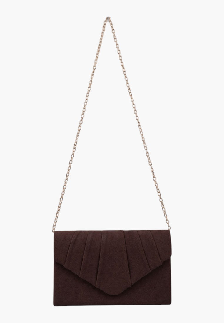 Front view of a brown clutch bag with chain strap and envelope style on a white background