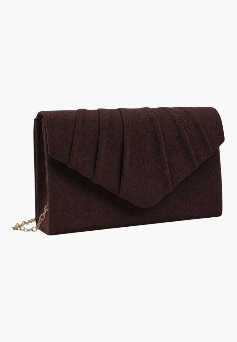 Front view of a brown clutch bag with pleated design on a white background