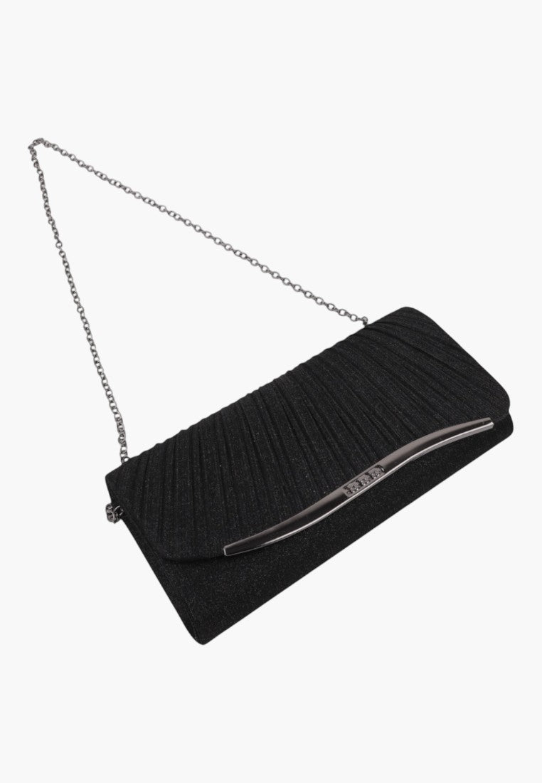 Detail close-up of the black clutch wallet showing zipper closure.