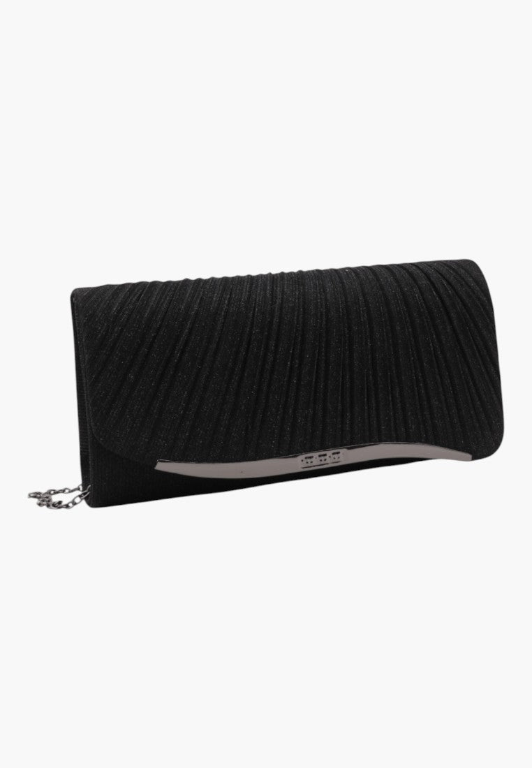 Front view of the black clutch wallet with a textured surface.
