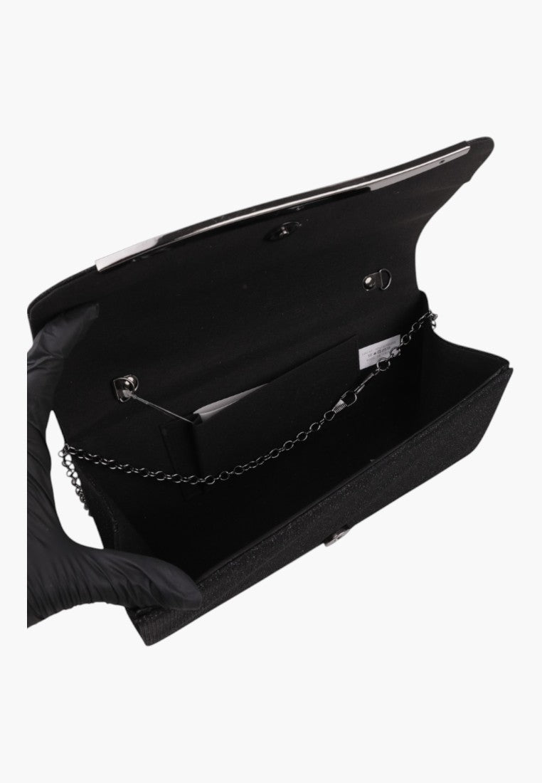 Front view of the black clutch bag with smooth fabric and chain strap.