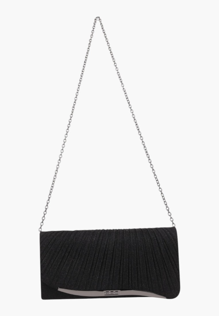 Side view of the black clutch wallet featuring a chain strap.