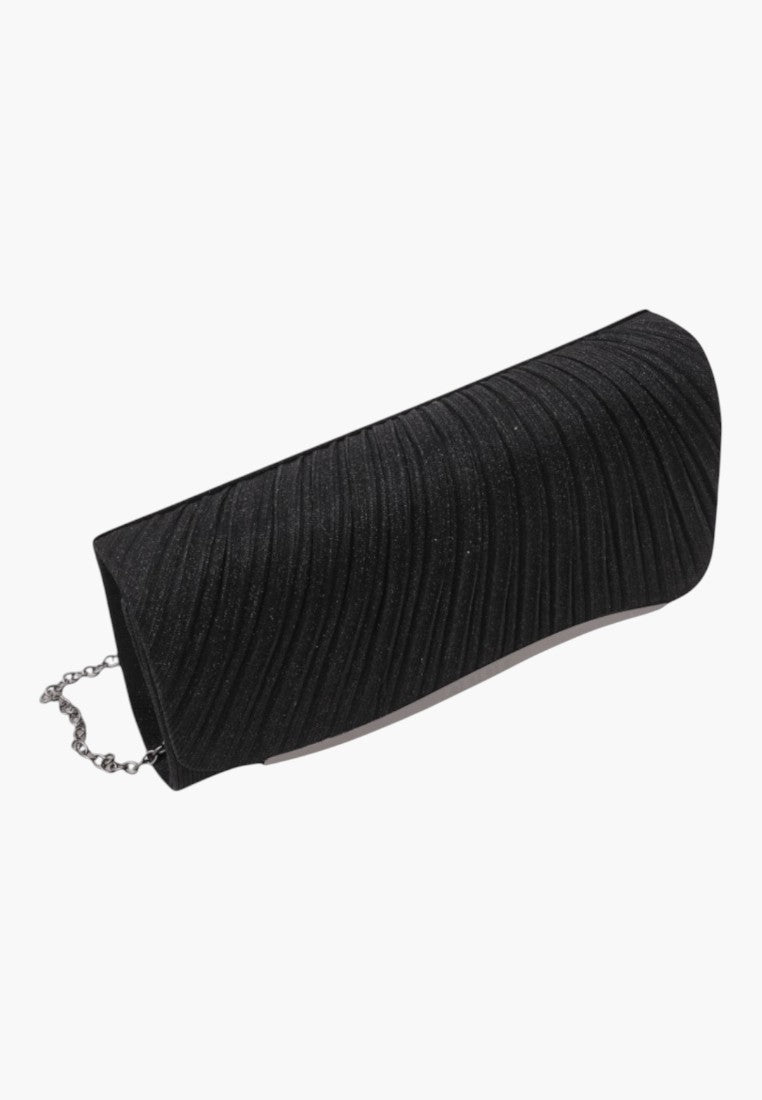 Side view of the black clutch bag with textured fabric and chain strap.