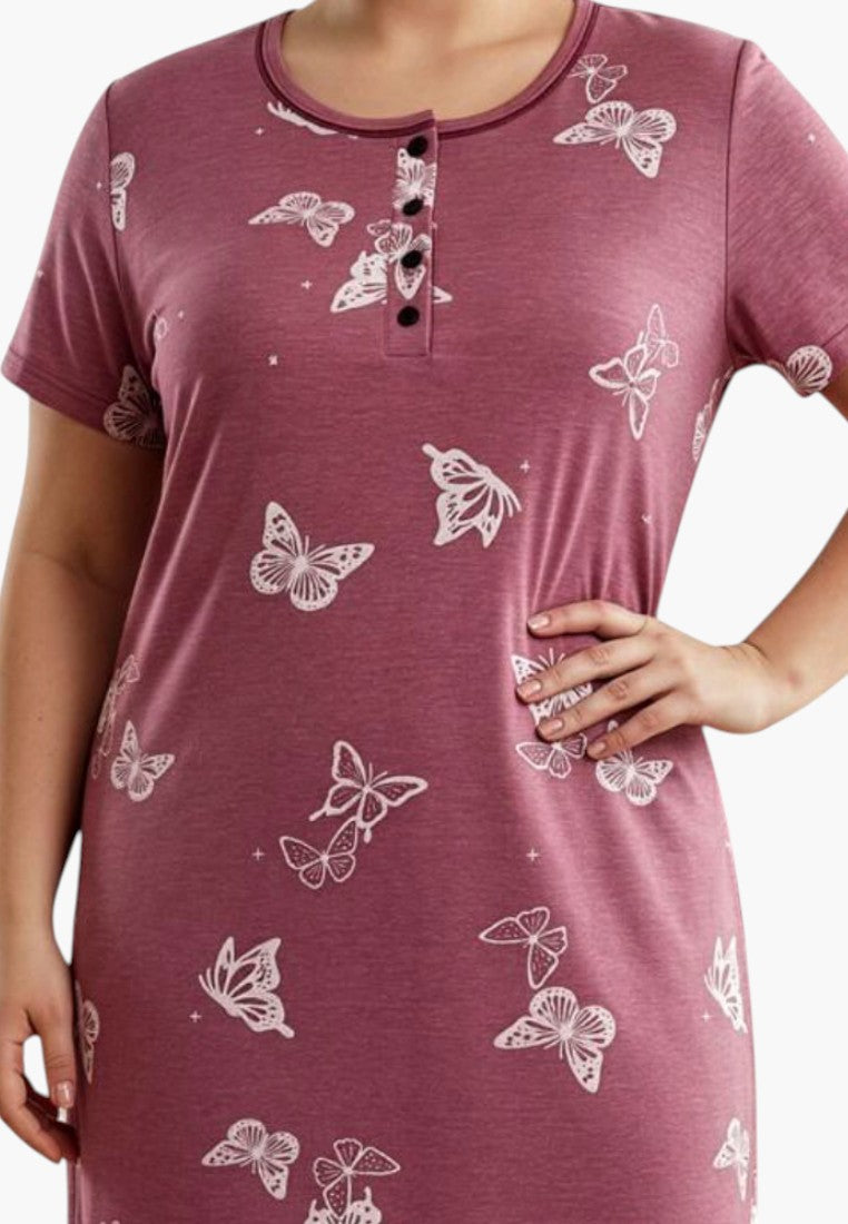Back view of a floral dress with purple and white colors, featuring short sleeves and a round neckline.