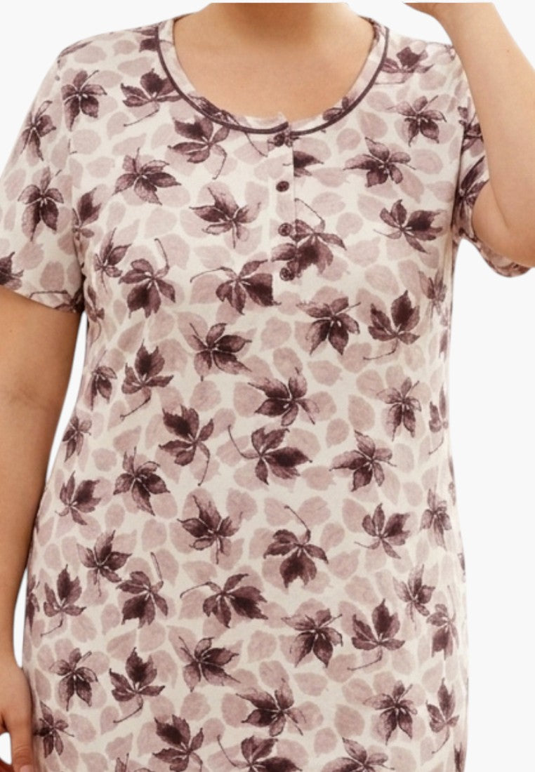 Lifestyle shot of a floral nightgown with short sleeves in pink and purple colors.