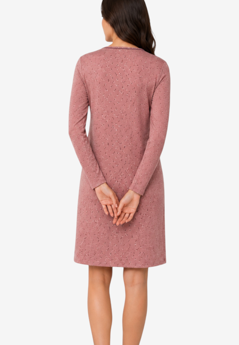 Back view of the pink dress with v-neck and long sleeves on a white background.
