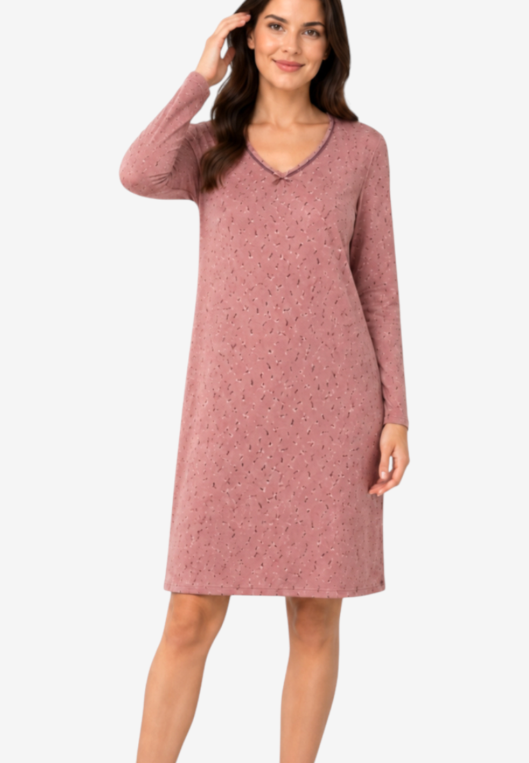 Front view of the pink dress featuring a v-neck and long sleeves.