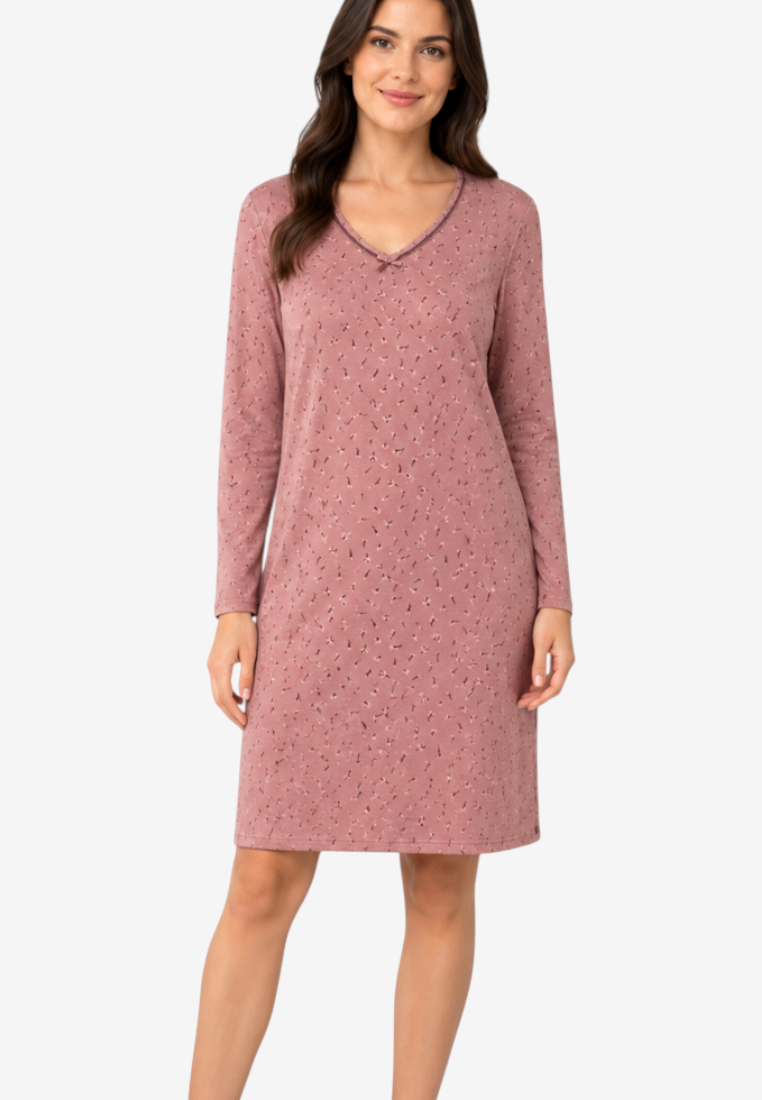 Front view of the pink dress showcasing its v-neck and long sleeves.