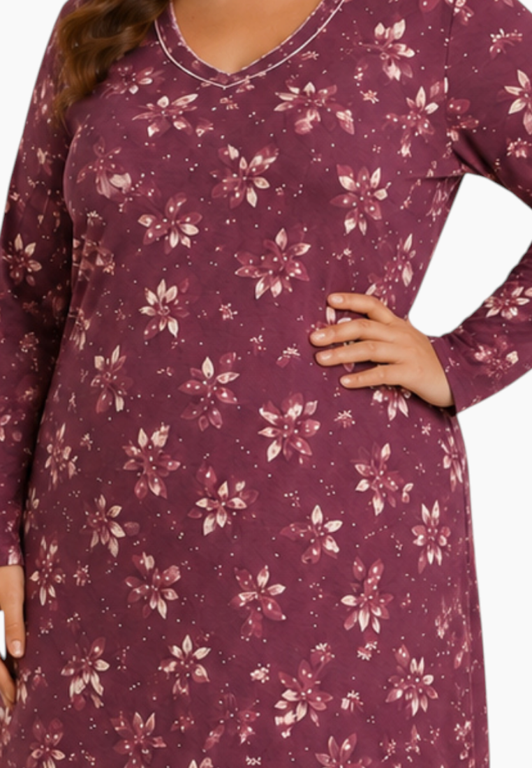 Back view of a floral nightgown in purple and white with long sleeves and V-neck.