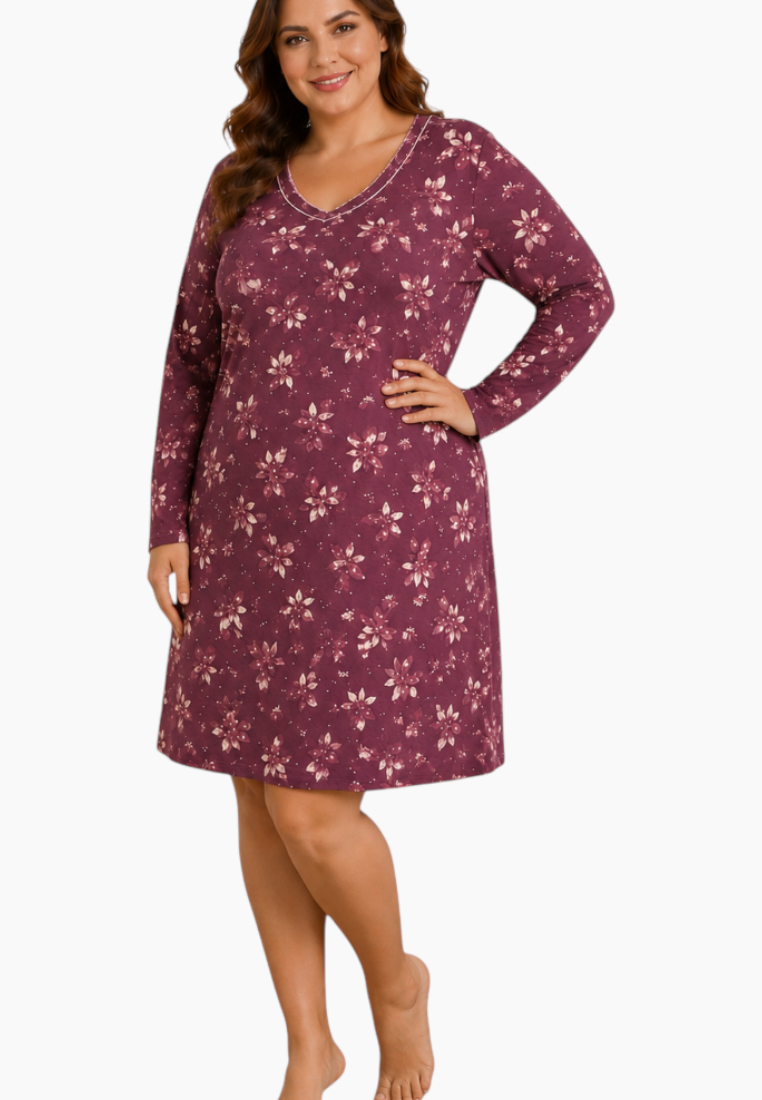 Front view of a floral nightgown in purple and white featuring long sleeves and V-neck.