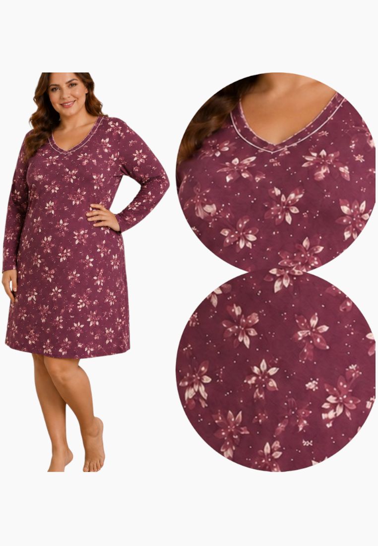 Lifestyle shot of a floral nightgown in purple and white with long sleeves and V-neck.