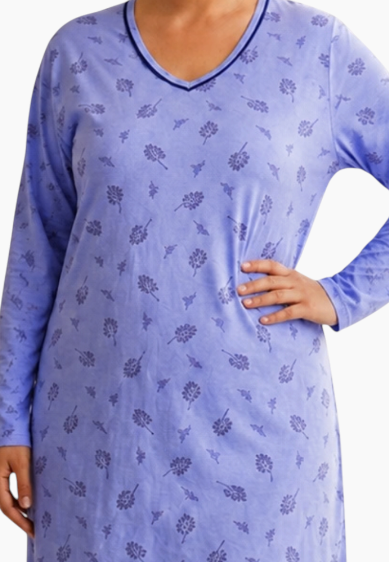Back view of a purple nightgown showcasing long sleeves and floral design.