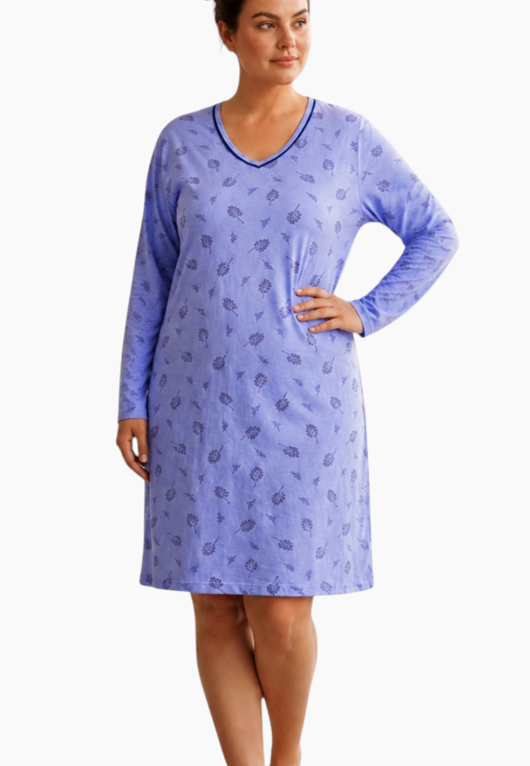 Close-up detail of a purple nightgown featuring long sleeves and V-neck.