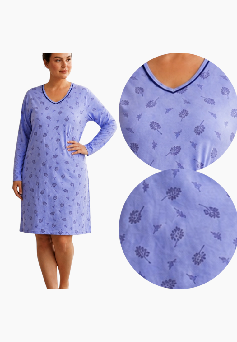 Lifestyle shot of a purple nightgown with long sleeves and floral pattern on a white background.