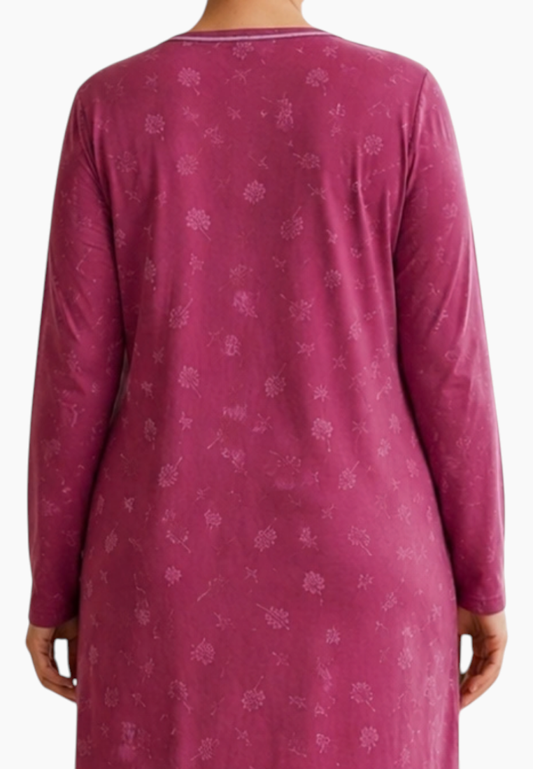 Back view of a purple long sleeve nightgown with V-neck and patterned fabric.