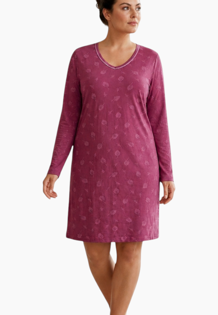 Front view of a purple long sleeve nightgown featuring a V-neck and patterned fabric.
