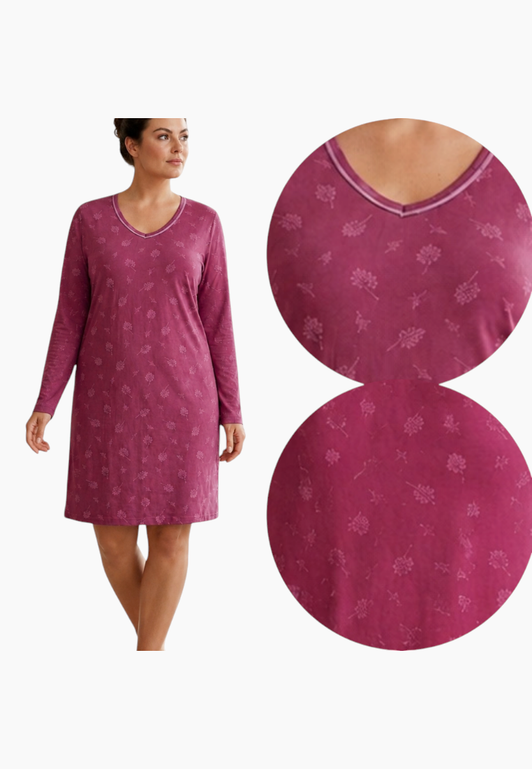 Lifestyle shot of a purple long sleeve nightgown with V-neck and patterned fabric.