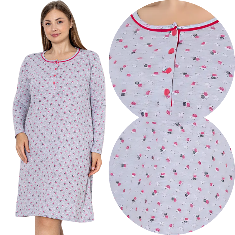Sukienka nocna z długim rękawem w kolorze fioletowym i różowym, detal bluzki