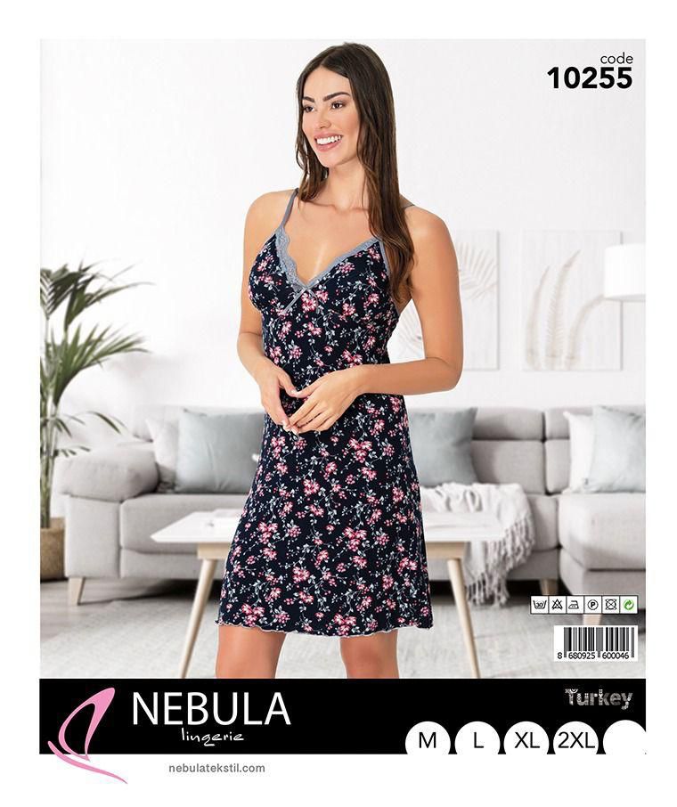 Packaging view of a floral nightgown featuring a model, brand logo, and product name in a studio setting.