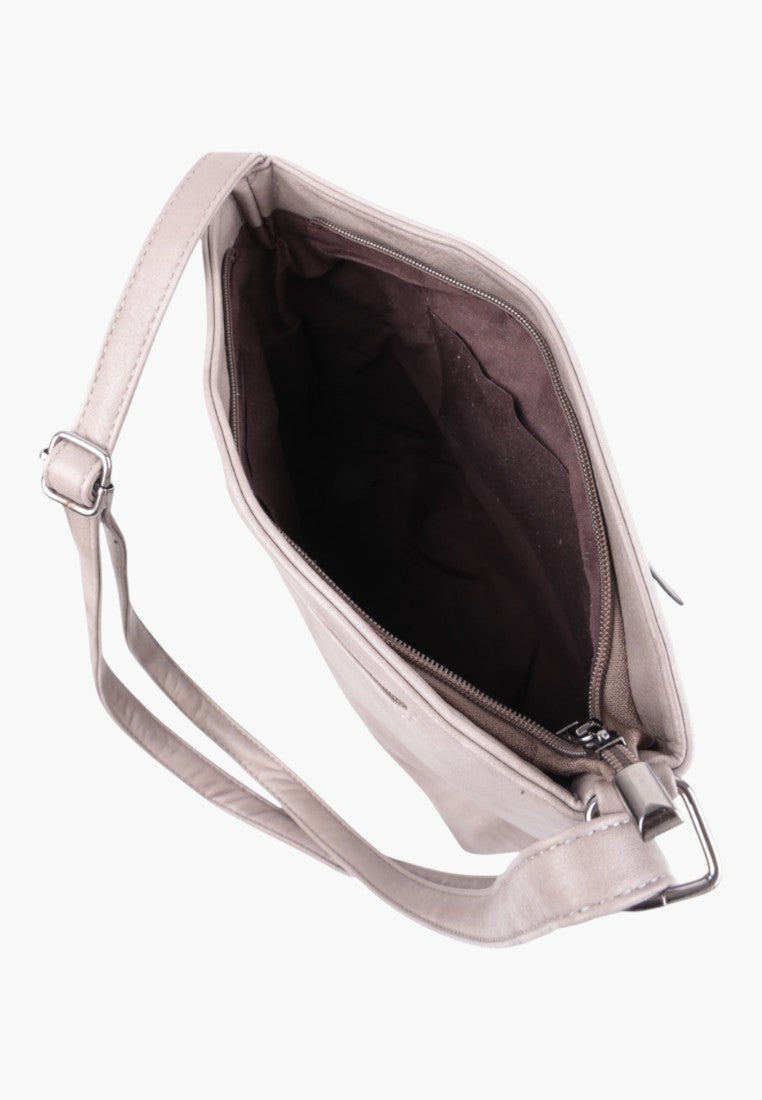 Interior view of a light grey crossbody bag with open top and internal pockets.
