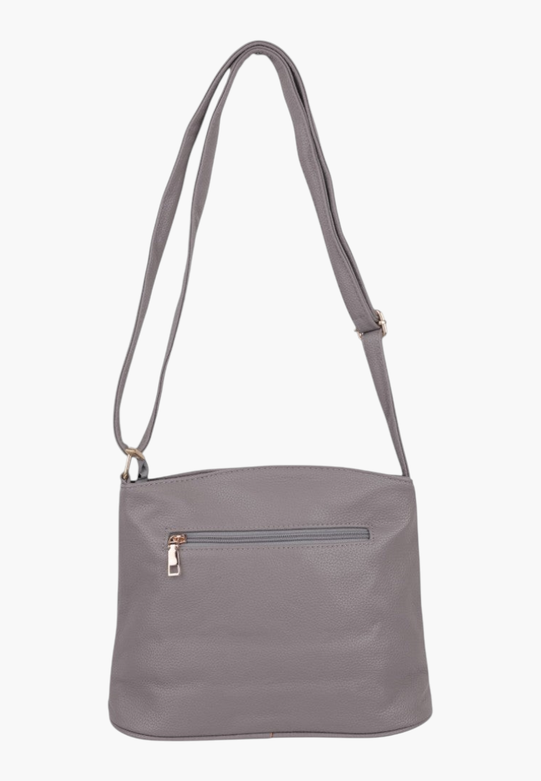 Back view of a gray handbag with a zipper pocket and gold hardware.