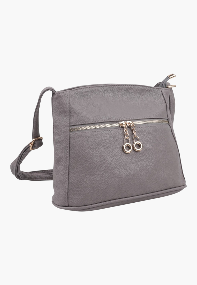 Front view of a gray handbag with zipper closure and gold hardware.