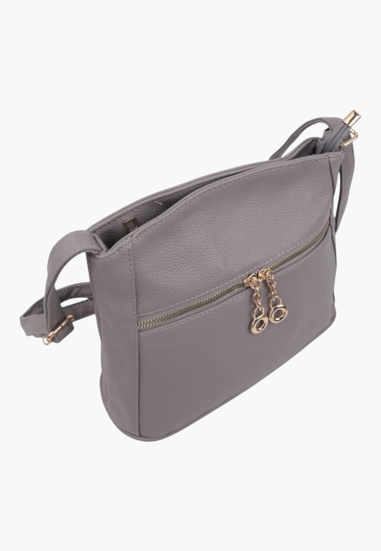 Side view of a gray handbag with zipper closure and gold hardware.