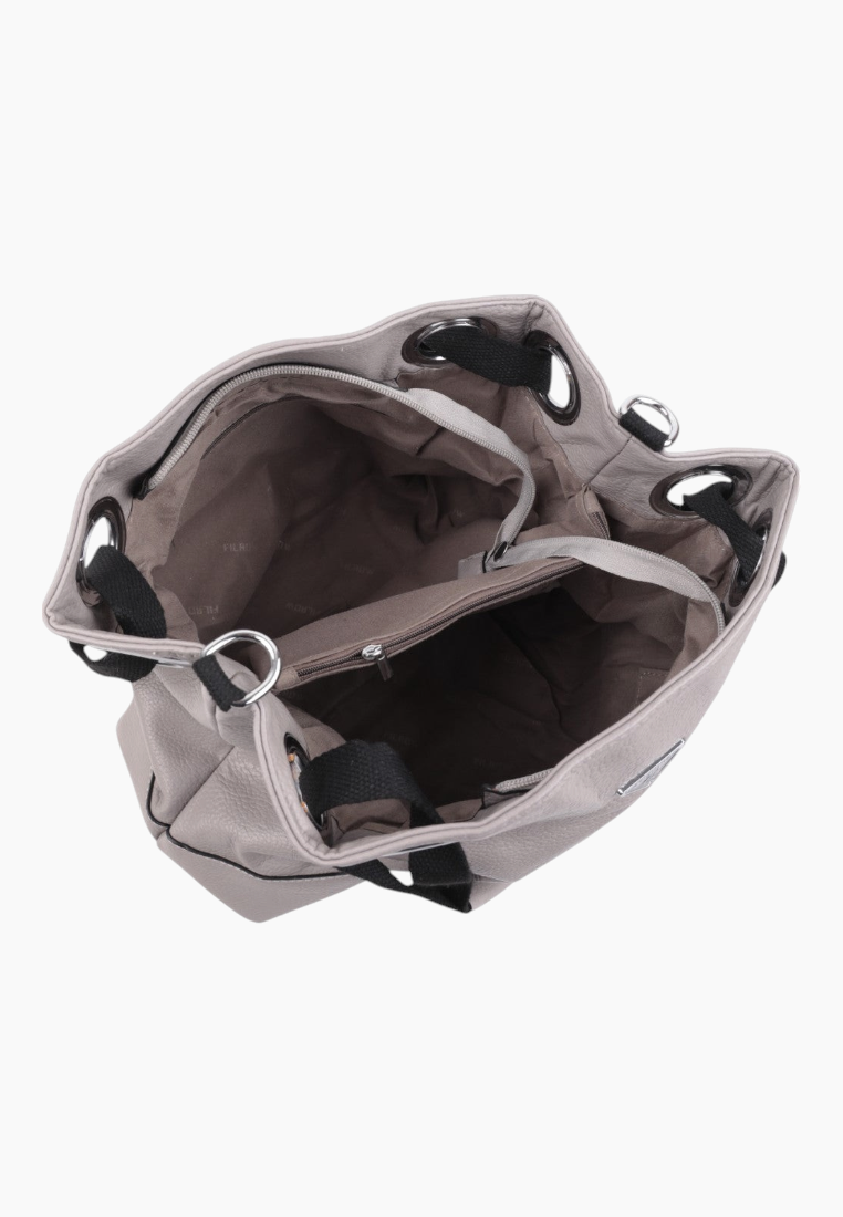 Back view of the gray handbag featuring a drawstring closure and reinforced straps.