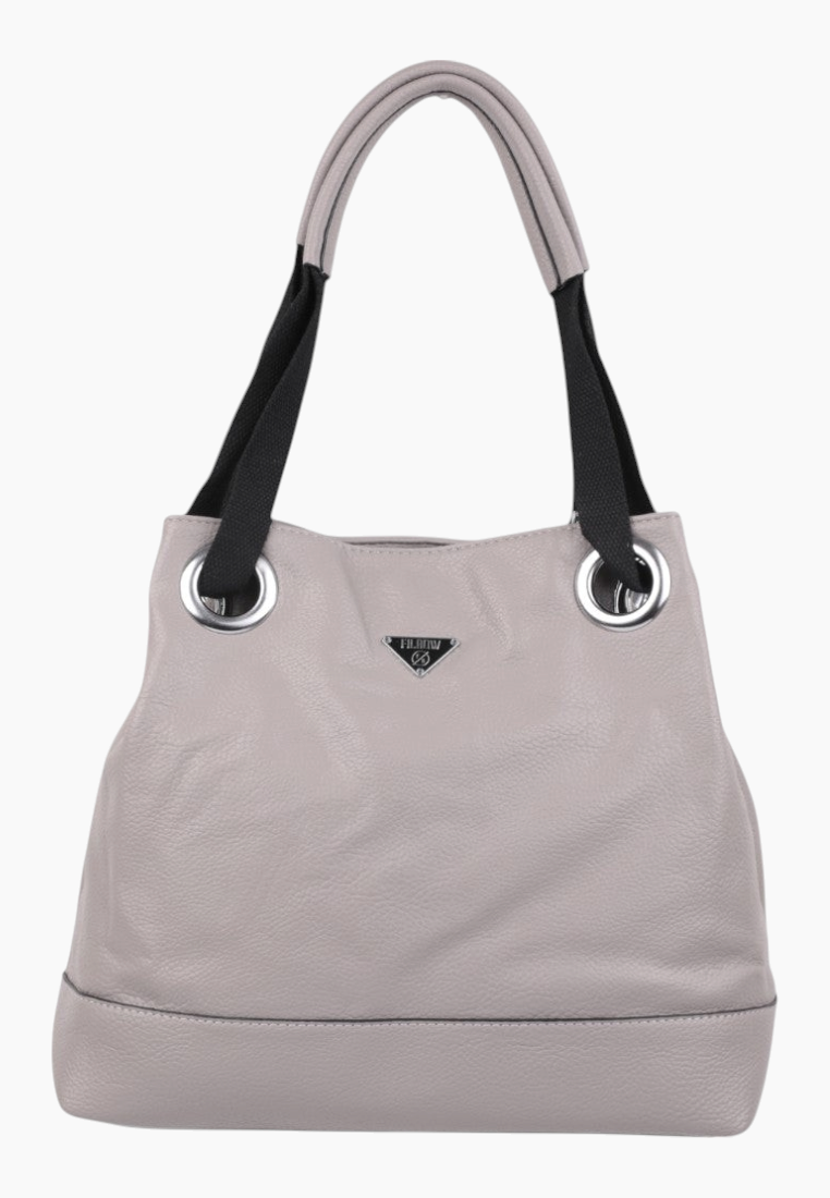 Detail close-up of the gray handbag's flat base and soft texture.