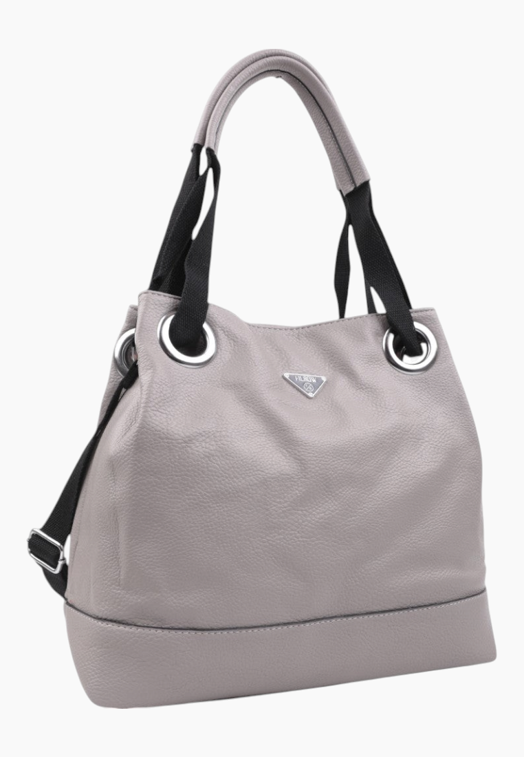 Front view of the gray handbag with dual handles and soft texture on a white background.