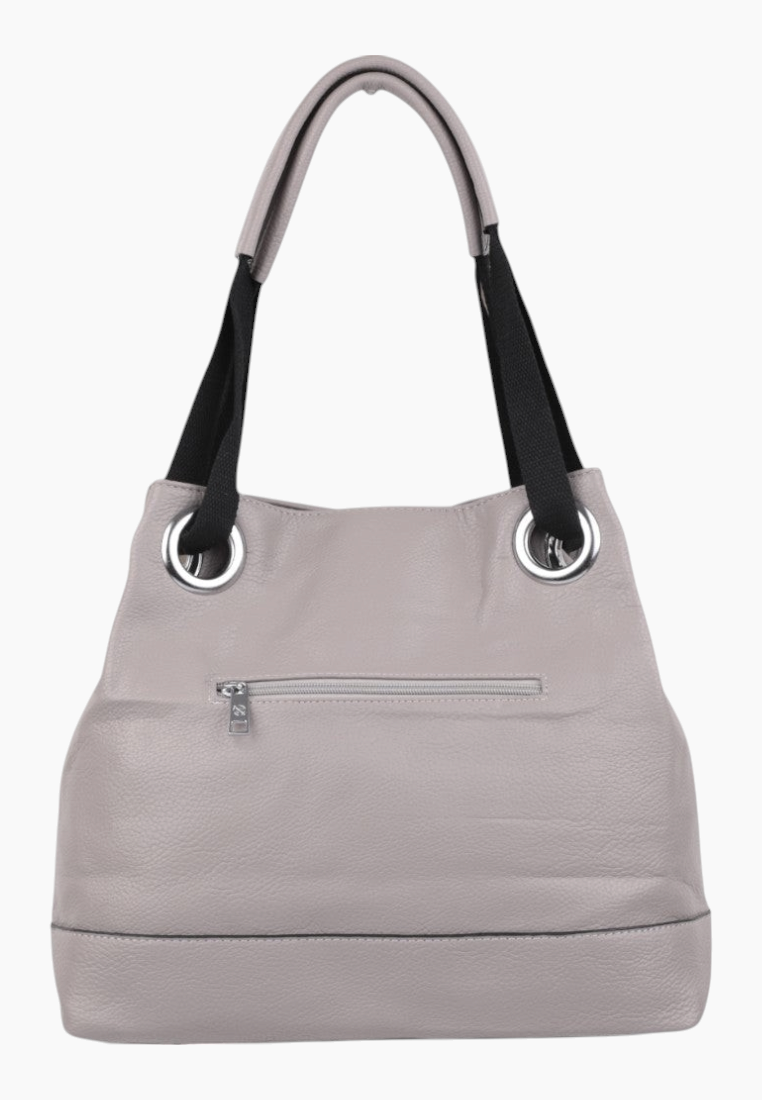 Front view of the gray handbag featuring a zipper closure and soft texture.