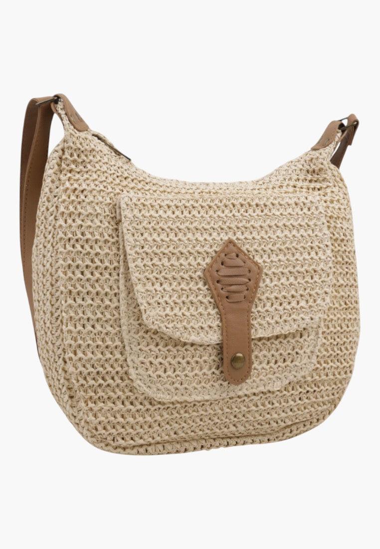 Front view of a beige crossbody bag with a flap closure and woven texture.
