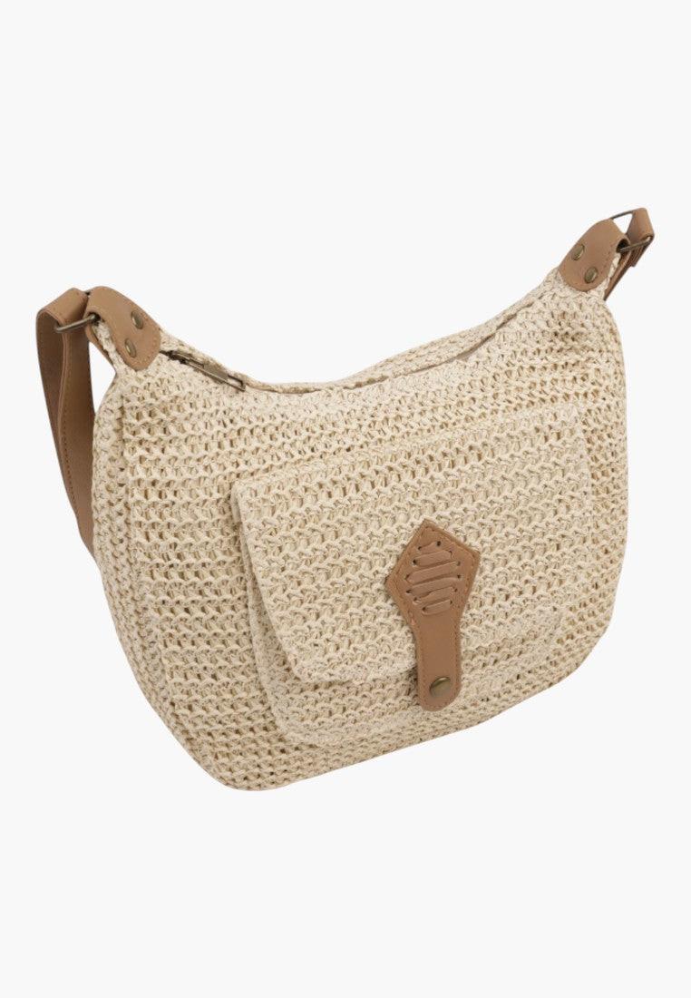 Front view of a beige handbag featuring a flap closure and decorative clasp.