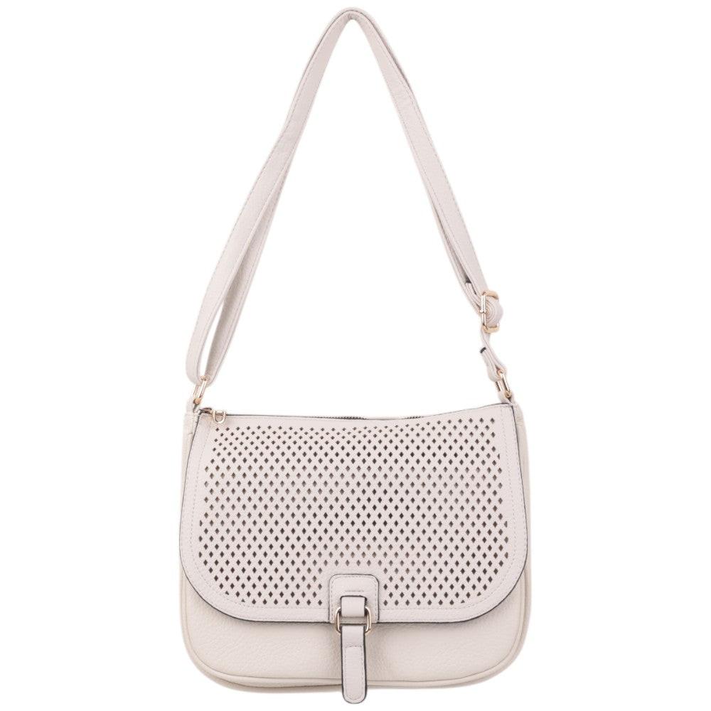 Front view of a beige handbag with mesh design and flap closure on a white background.
