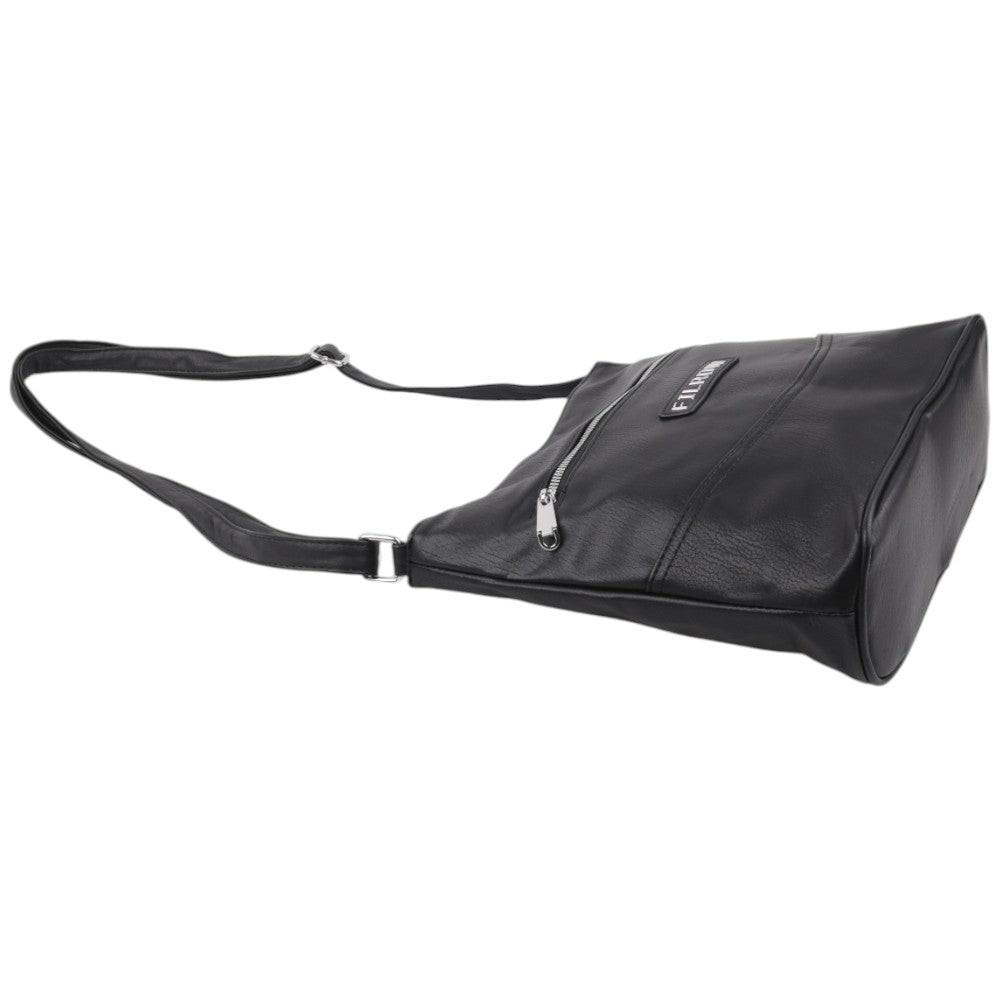 Side view of a black handbag with a flat design and zipper closure.