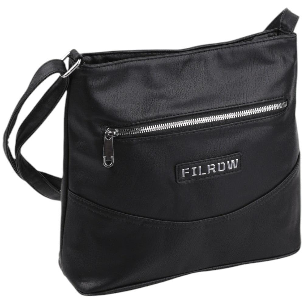 Side view of a black handbag featuring an adjustable strap and zipper closure.