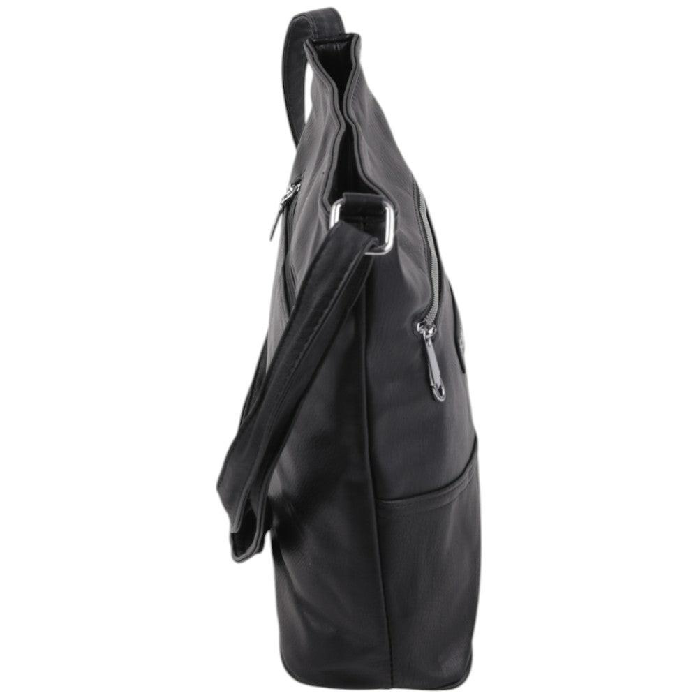 Side view of a structured black handbag featuring an adjustable strap.