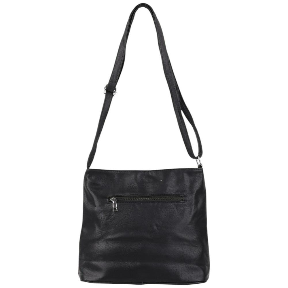 Front view of a black handbag with a textured surface and shoulder strap.