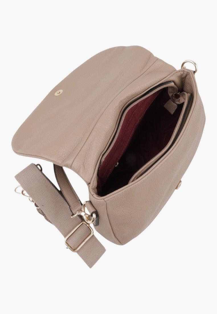 Detail view of the brown handbag interior showing zipper pocket and spacious design on a white background.