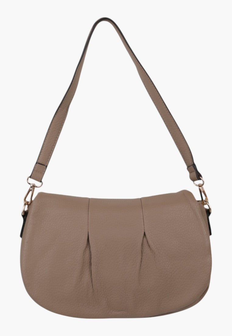 Front view of the brown handbag with shoulder strap on a white background.